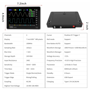 Fnirsi 1013D   2 Kanal 100MHz 1GSa/s  Dijital Dokunmatik Tablet Osiloskop + P4100 Prob Dahil