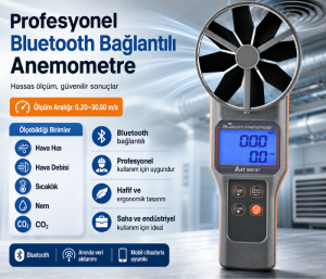 AZ 89191 Bluetoothlu 10 cm Pervaneli Anemometre – Hava Hızı, Debi, CO₂, Nem ve Sıcaklık Ölçer