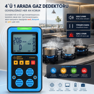 Smart Sensor ST8904 Taşınabilir 4’lü Gaz Dedektörü – O₂, CO, H₂S ve LEL