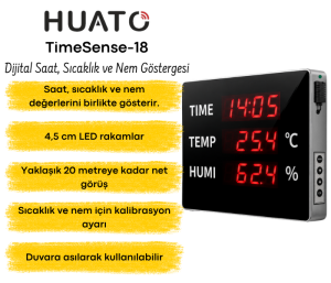 Huato TimeSense-18 Büyük LED Ekranlı Dijital Saat, Sıcaklık ve Nem Göstergesi