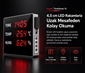 Huato TimeSense-18 Büyük LED Ekranlı Dijital Saat, Sıcaklık ve Nem Göstergesi