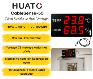 Huato CableSense-50 Kablolu Ekstra Büyük Sıcaklık Nem Göstergesi – 3 m Sensörlü, 12,5 cm LED Rakam