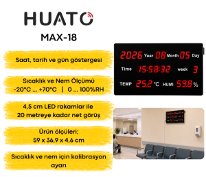 Huato MAX-18 Büyük Sıcaklık, Nem, Saat ve Tarih Göstergesi | 4,5 cm Rakam