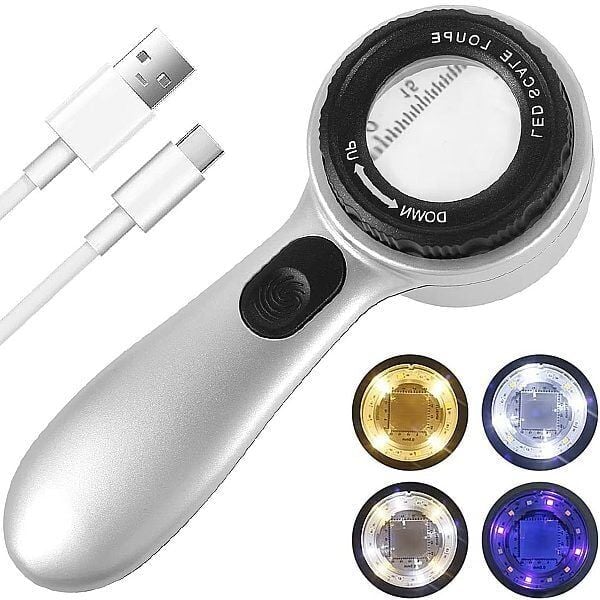 8690 8690 Skalalı Işıklı Büyüteç 30X Şarj Edilebilir | 4 Renkli Led