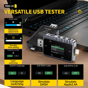Fnirsi FNAC-28 2'si 1 Arada Tip-C USB Test Cihazı Dijital Voltmetre Ampermetre